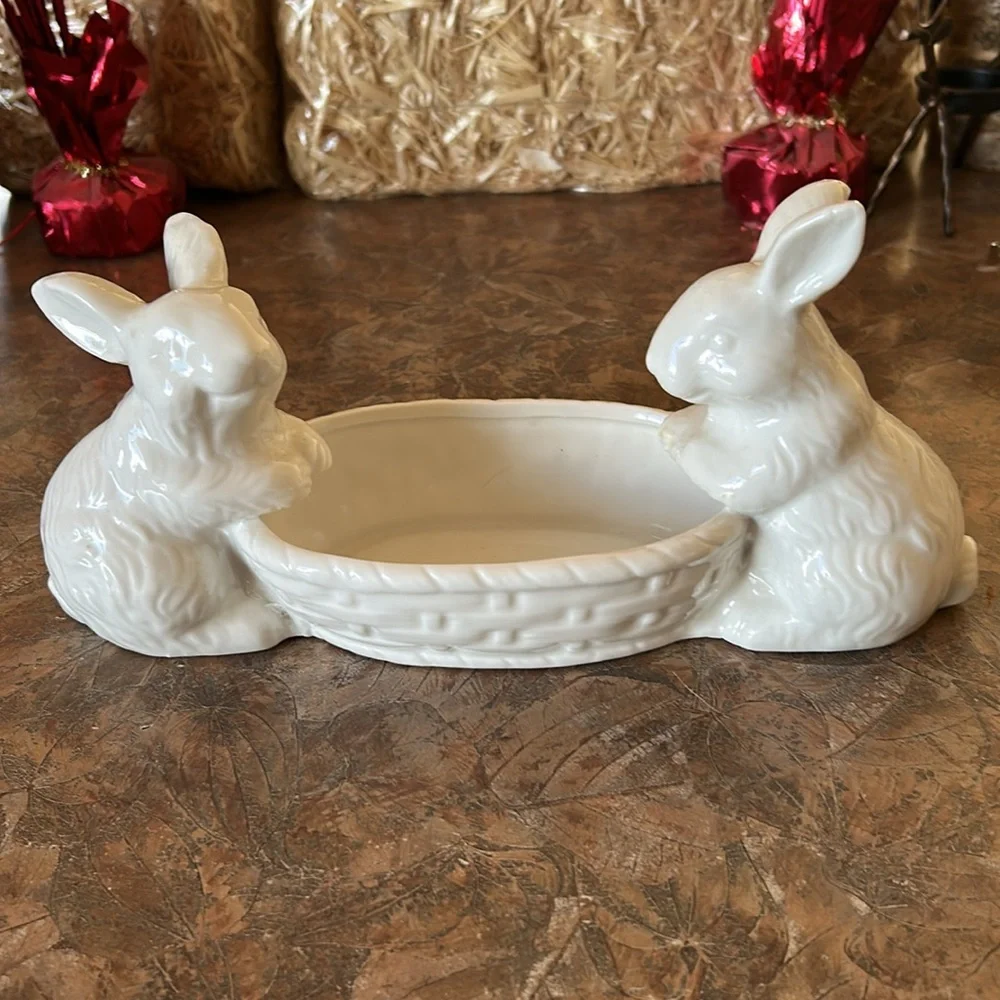 RAZ White Easter Candy Dish With Bunnies